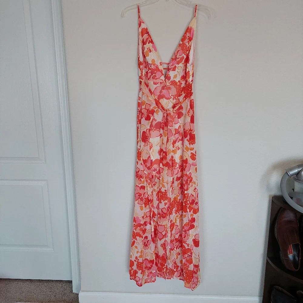 Floral Pink & Coral Maxi Dress with V-Neck